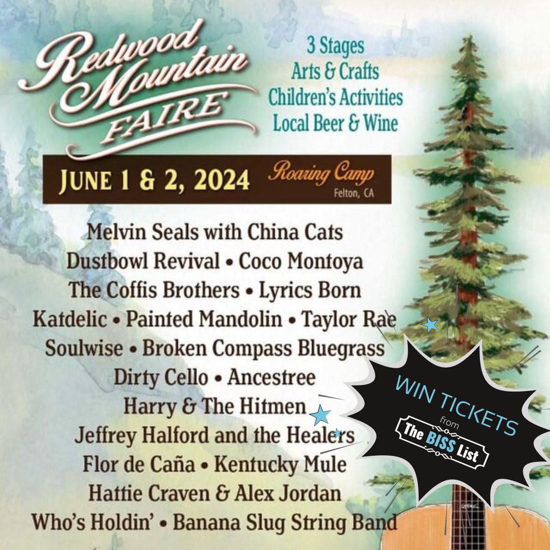 Dance the day away with live music in the majestic Santa Cruz redwoods at Redwood Mountain Faire. Enter to #WINTICKETS at bisslist.com/biss_event/red….

#bisslist #win #giveaway #felton #santacruz #redwoods #musicfestival #livemusic