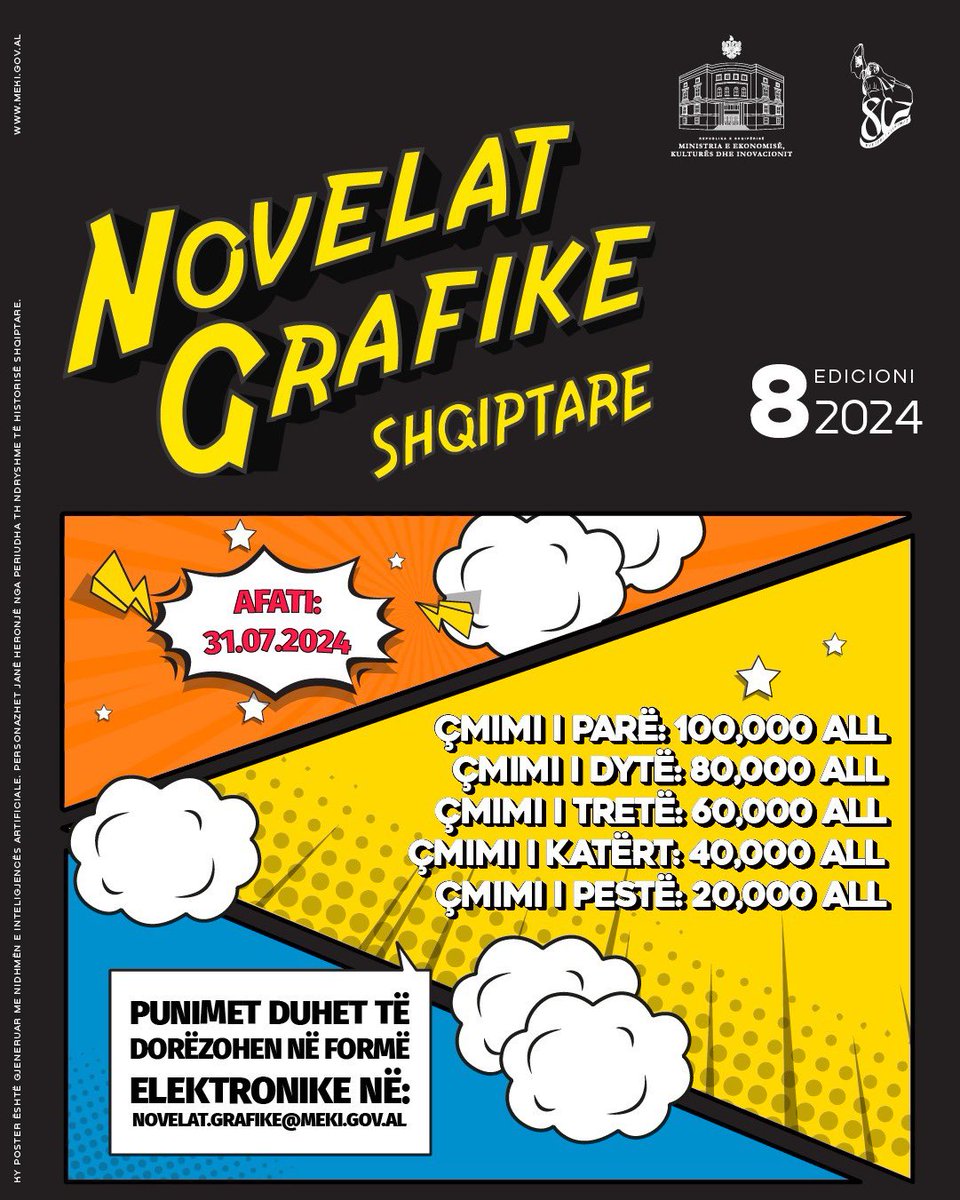 📣🤩Bashkohuni me ne në rrugëtimin e kreativitetit dhe talentit në artin grafik! ✨ MEKI çel edicionin e 8-të të Konkursit Kombëtar “Novelat Grafike Shqiptare 2024' për të rinjtë deri 29 vjeç!🎨 🦸‍♂✏️ 👉🏻meki.gov.al/konkursi-novel… 📩Afati 31 korrik 2024! novela.grafike@meki.gov.al