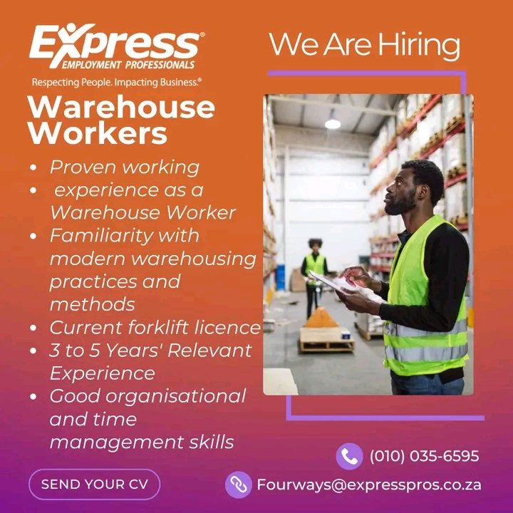 🌟 NEW VACANCY ALERT! 🌟
 
Position: Warehouse Workers
Location: Randburg, Lanseria and Midrand

Join our team! Apply today!

Requirements:.
● Proven working experience as a Warehouse Worker
● Familiarity with modern warehousing practices and methods
● Current forklift licence