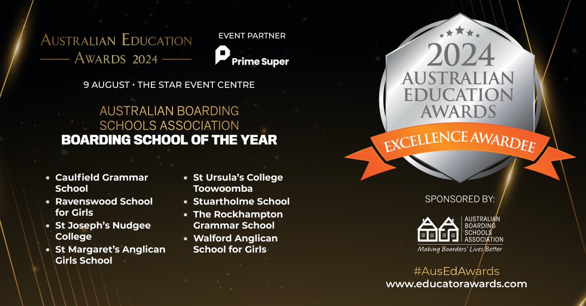 Congratulations to all the Excellence Awardees of the ABSA Boarding School of the Year at the 2024 #AusEdAwards! Award winners will be announced on 9 August 2024 at The Star Event Centre. Register now: hubs.la/Q02wTBf30 #Education #BestinEducation #EducationLeaders