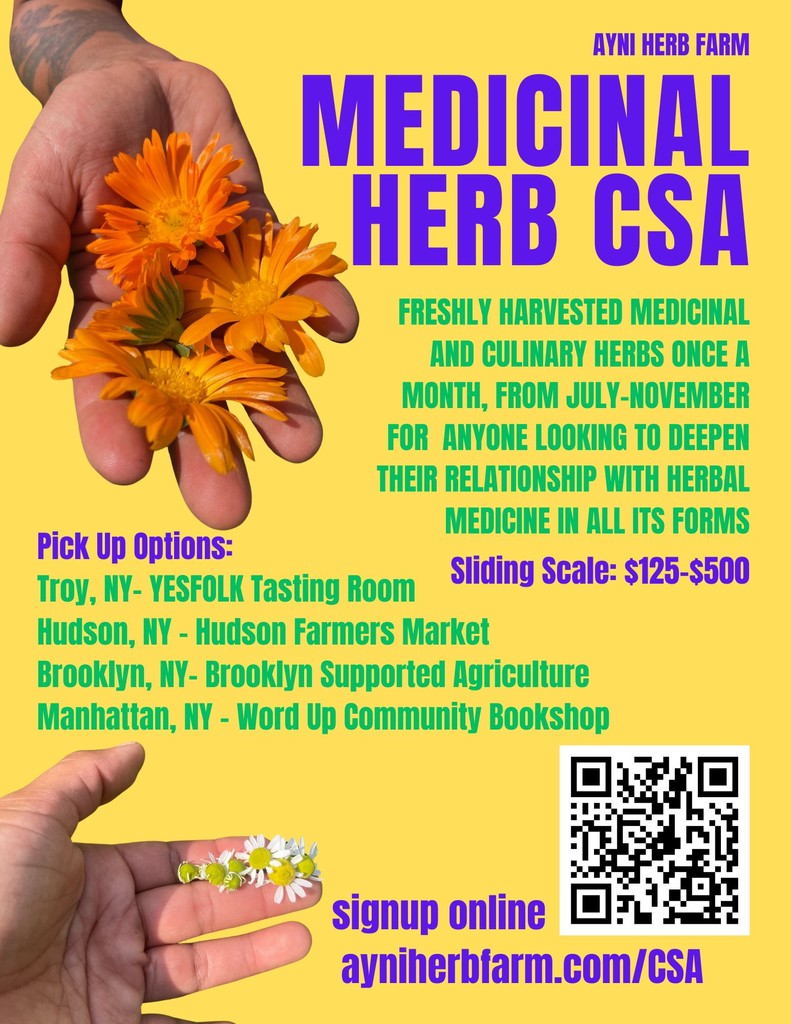 Monthly medical herb CSA pick up at Word Up from July-November for sliding scale $125-500. CSA comes with seasonal herbs, zine with info & recipes, plus access to virtual medicine circle. Sign up online: ayniherbfarm.com/csa