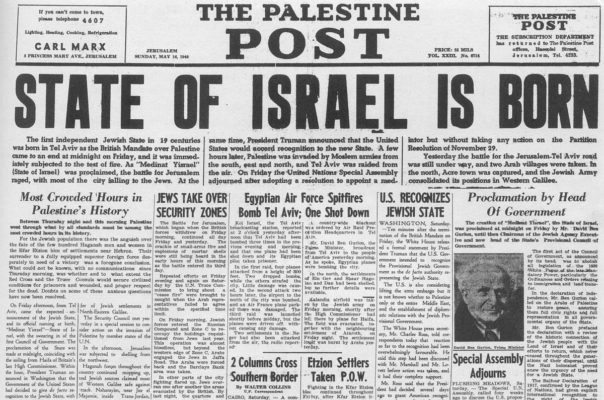 The UN said Palestine should be split into 2 states, one Jewish, one Arab. The Jews agreed & proclaimed the state of Israel. The Arabs refused & launched 'a war of extermination' to kill the Jews.

The infant state survived. Today is Israel's 76th Independence Day. #YomHaatzmaut