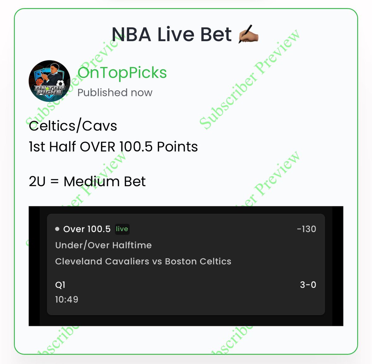 Free 2U #NBAPlayoffs 
#LiveBet ✍🏽🏀

@celtics • @cavs 

Who’s tailing with me?! 

#GamblingCommunity 
#GamblingTwitter