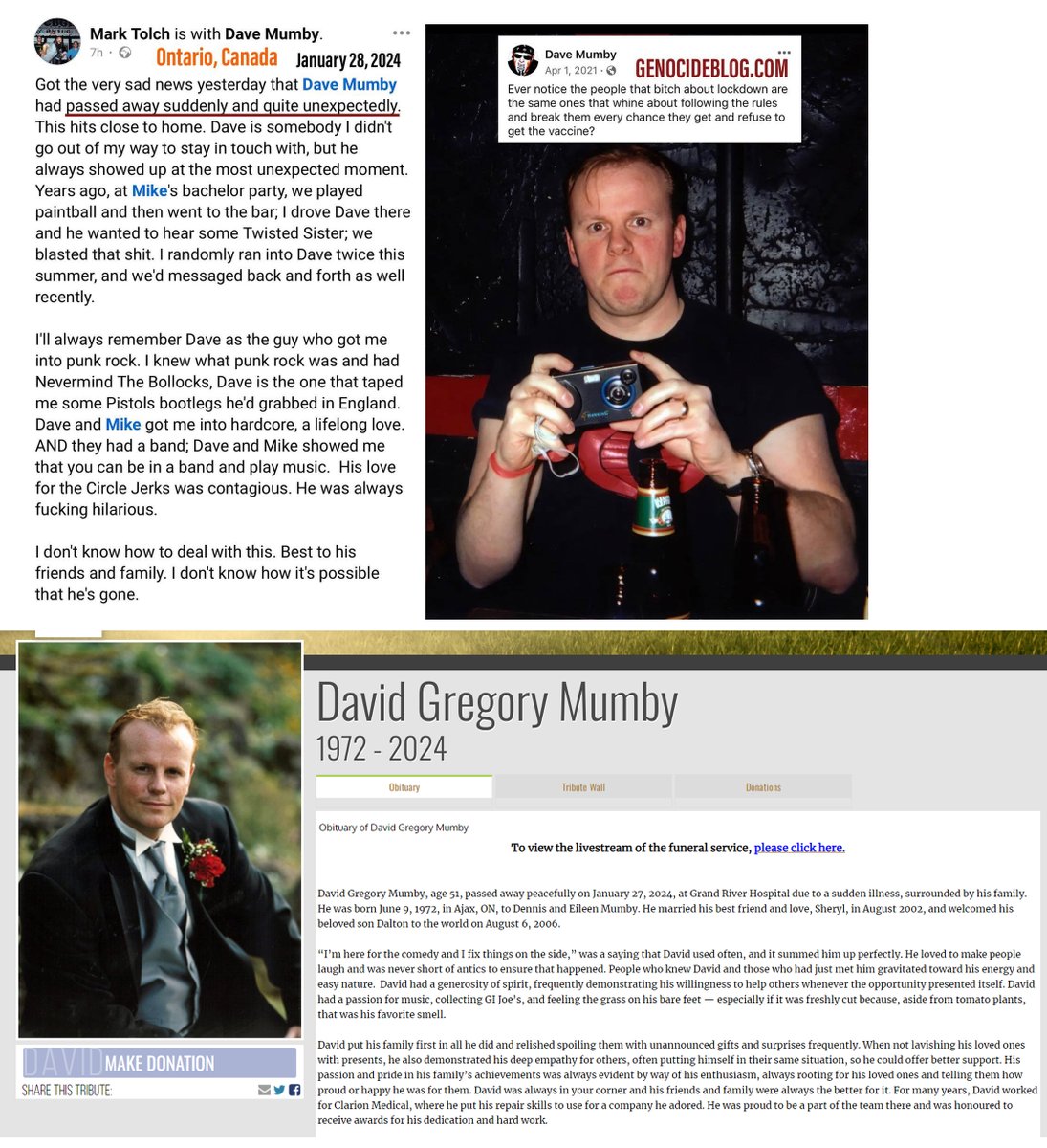 Kitchener, ON - 51 year old David Mumby died Jan.27, 2024 from 'brief illness' Apr.2021: 'Ever notice the people that bitch about lockdown are the same ones that whine about following the rules and break them every chance they get and refuse to get the vaccine?' #DiedSuddenly