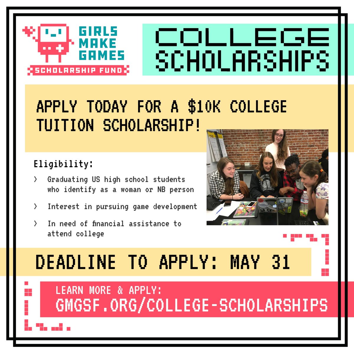 Reminder!

Applications for the 2024 GMGSF College Scholarship are now open! 

💸$10K tuition grant 
👩‍🎓industry mentorship 
🕹️internship &amp; job placement opps  

Deadline 5/31
Open to female+nb high school seniors in US!  

Learn more &amp; apply: buff.ly/41N3g4O