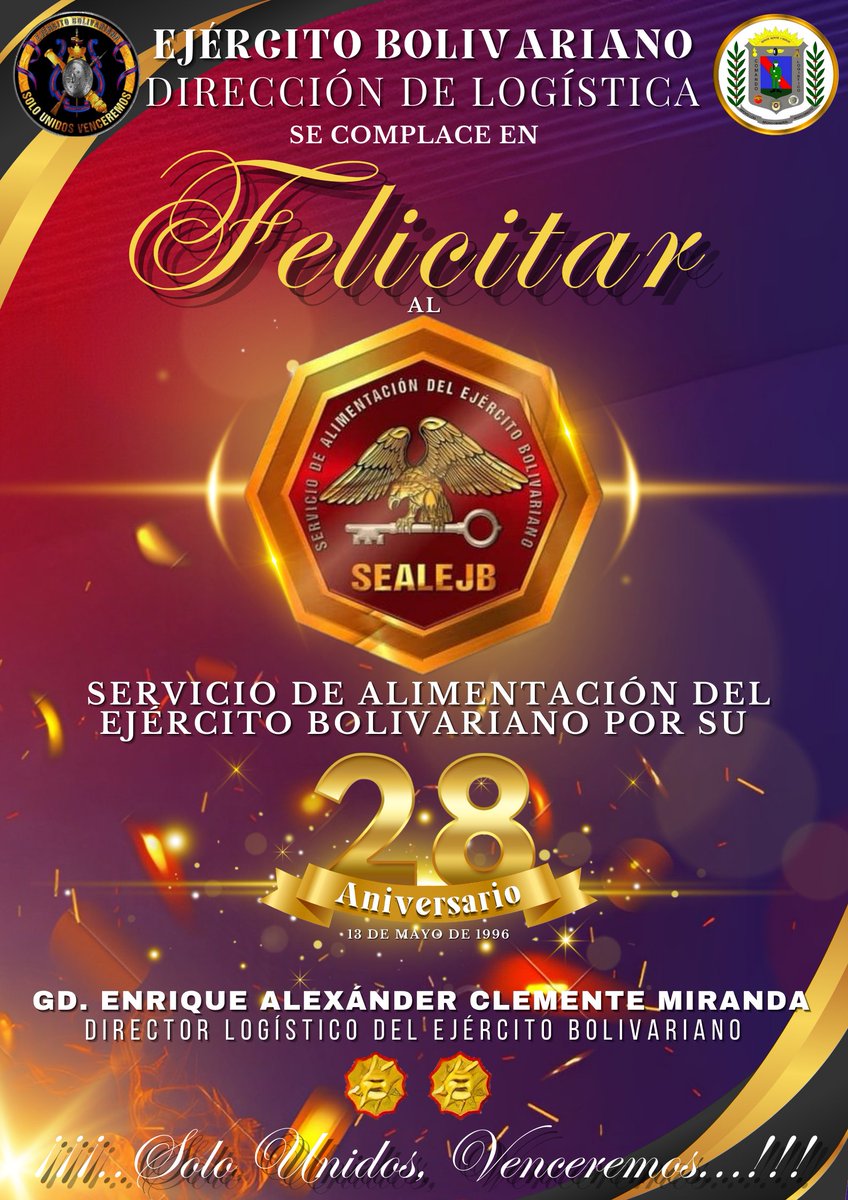 #13May  Felicitamos en su 28° Aniversario al Servicio de Alimentación del Ejército Bolivariano. Quien a lo largo de los años ha demostrado un elevado compromiso y dedicación al servicio de nuestra amada patria Venezuela.