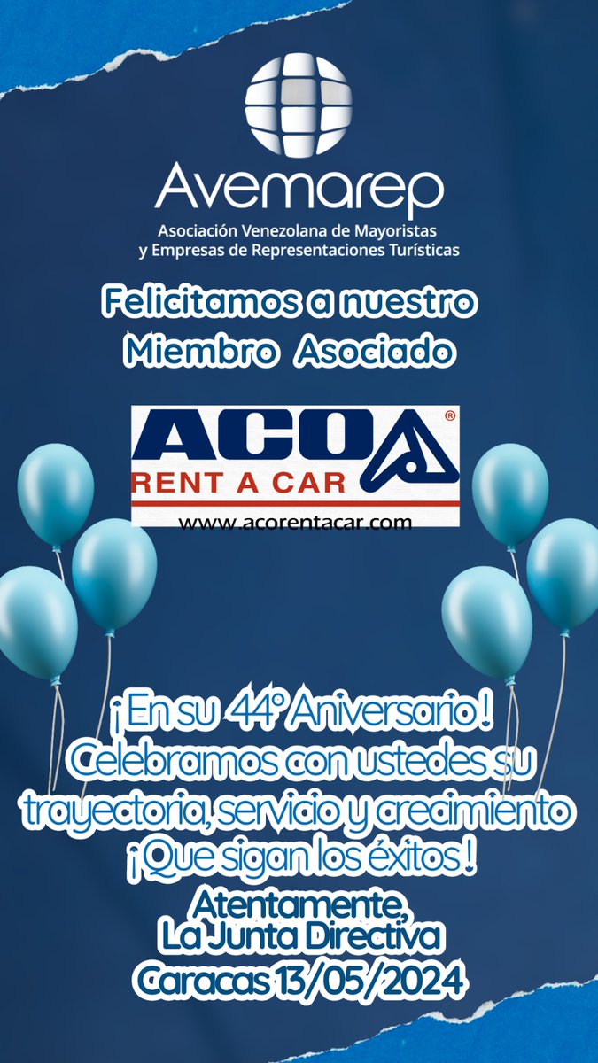 Felicitamos a nuestra empresa miembro  ACO  ALQUILER, S.A   por el arribo a su 44°Aniversario,  esperando celebren muchos años más , de trabajo y crecimiento en la Industria Turística  Nacional ... Felicidades 👏🏻👏🏻 <a href="/ACORENT/">ACO RENT A CAR</a>