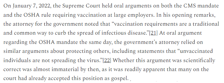 In defending the CMS mandate, which led to many nurses being fired, the Biden Admin. told the US Supreme Court that the covid vax stopped people from spreading the virus. This was false.

Worth revisiting this low moment in a great essay by @techjudge 

techjudge.substack.com/p/e910024a-563…