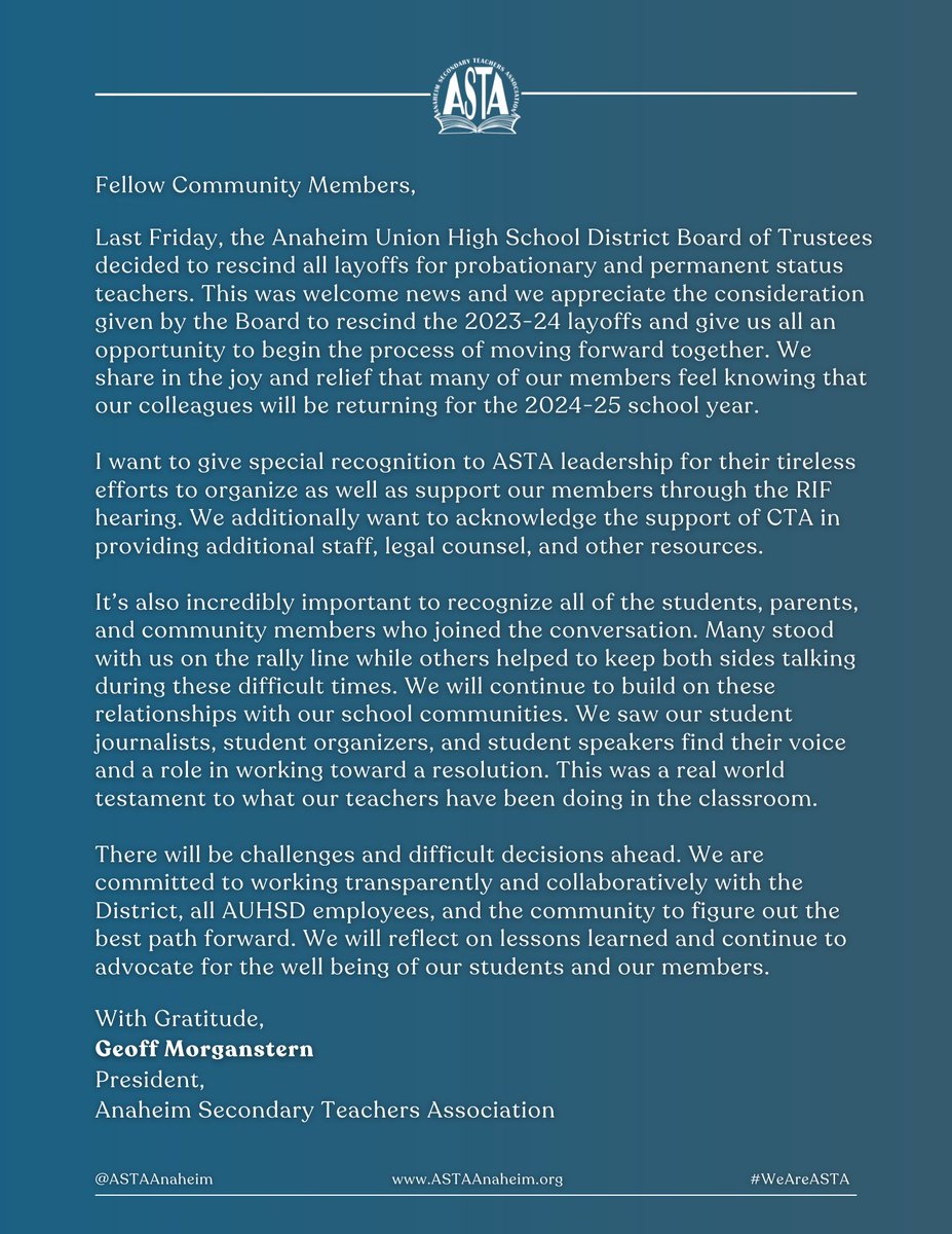 ASTA's official statement on the AUHSD Board of Trustees decision to rescind all layoffs for probationary and permanent status teachers.

#WeAreASTA #PutStudentsFirst #NoTeachersNoFuture #RedForEd #CommunitySchools @WeAreCTA
