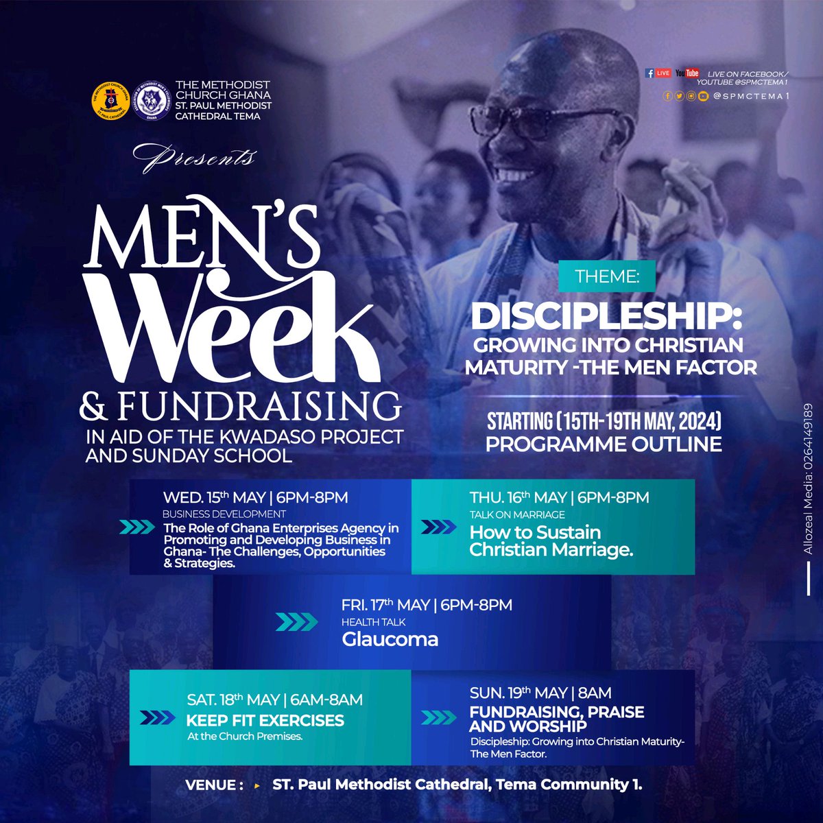 spmctema1's tweet photo. 🎉 Join us for Men's Week Celebration and fundraising in aid of the Kwadaso Project and Sunday School! 🙌 Exciting activities lined up from 15th - 19th May 2024 at 6:30pm each night. Let's come together to make a difference! #MensWeek #FundraisingEvent #CommunitySupport 🌟 https://t.co/2x4tRPrv0s
