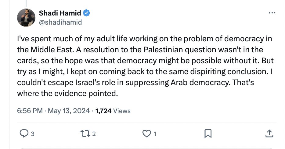 The Arab world does not have one functioning democracy despite Arabs ethnically cleansing all their countries of Jews, and still somehow Jews are to blame for their oppressive regimes according to WaPo Board member Shadi Hamid. Some of you should apologize for ever taking this…