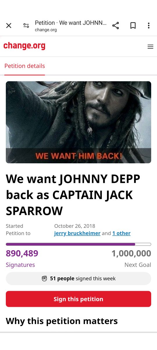 I haven't said this in a while, but our Top Captain Jack Sparrow petition has reached 890,489 signatures galore! change.org/p/the-walt-dis…