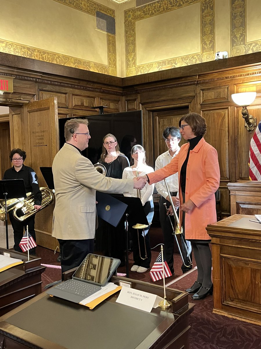 Tonight, Chairwoman @joanneecunningh and Legislator <a href="/SusanPedo/">Susan Pedo</a> honored Albany’s Marching Falcons as they embark on their journey to France, as the only representation from the United States to commemorate the 80th Anniversary of the D-Day Landings that liberated France.