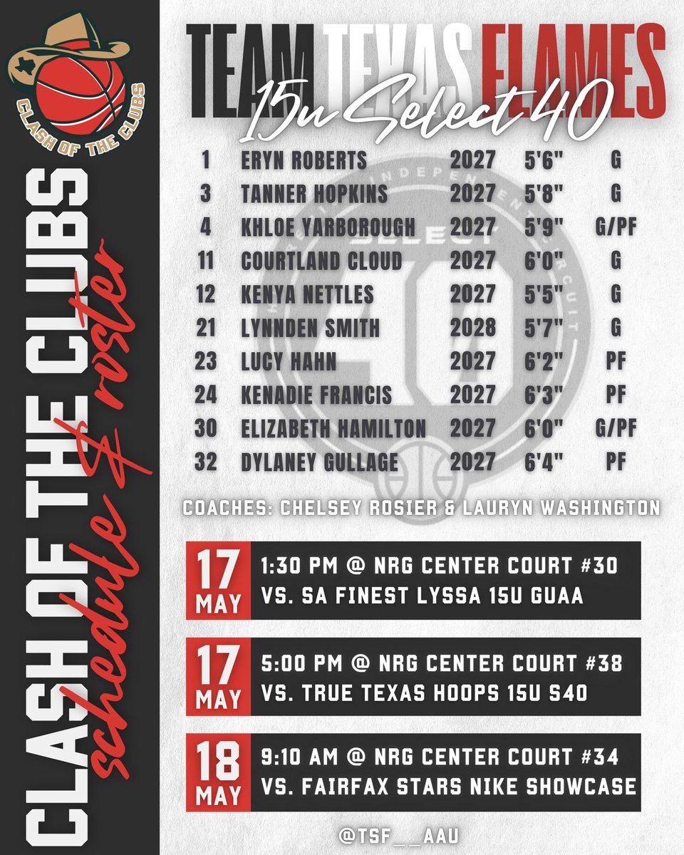 Clash of the Clubs 🏀 15u Select 40 Official Schedule Lots of talent, height, size and hard playing defenders! Be sure to get an early recruiting trail on these future D1 kids 🔥