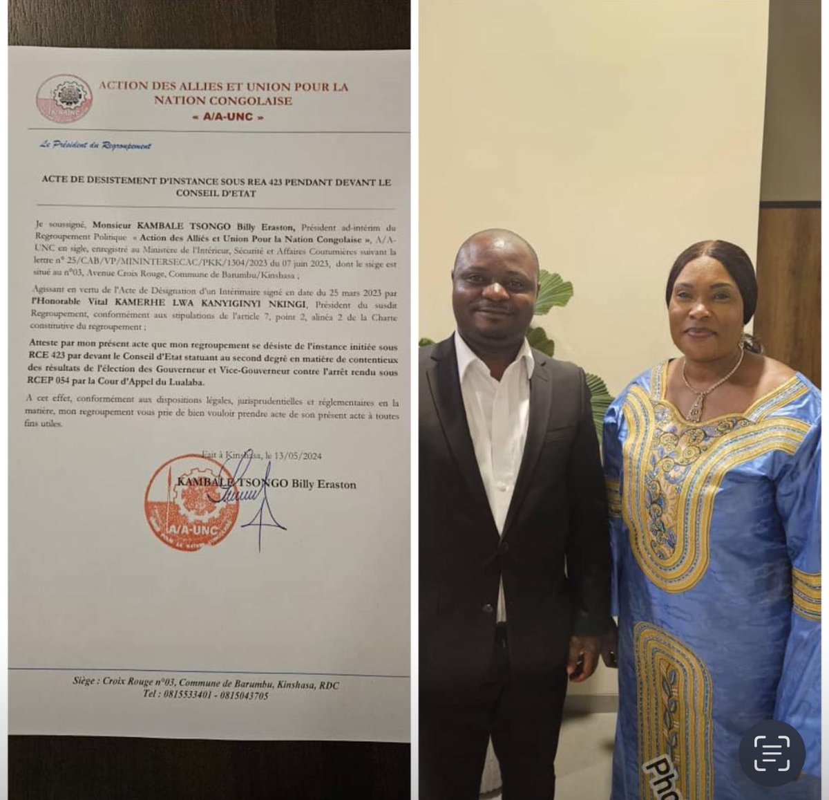 *🚨🚨🚨🚨Urgent Urgent ‼️*
Au nom de la paix et la cohésion au sein de l’ USN,hon VK a redonné au Le ticket de l’UNC à la course au gouvernorat dans la province du Lualaba de désister au conseil d’état en faveur de la gouverneure élue légitimement son Excellence <a href="/FifiMasukaSaini/">Fifi Masuka</a>