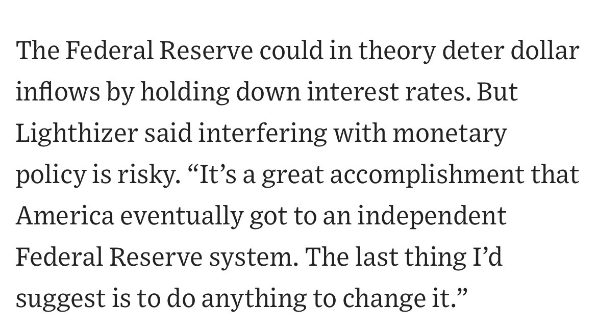 Robert Lighthizer, a top Trump adviser, tells @greg_ip: “No policy adviser that I know of is working on a plan to weaken the dollar.” Also, regarding an independent Fed: “The last thing I’d suggest is to do anything to change it.” wsj.com/economy/trade/…