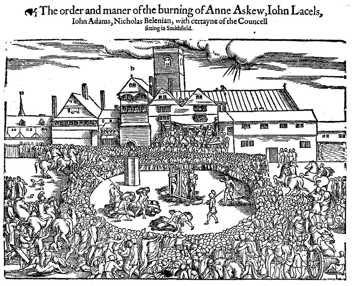 Anne Askew was a Protestant preacher condemned as a heretic by #HenryVIII. She was tortured at the Tower of London, in hopes she would implicate Queen #CatherineParr as part of her circle. The Queen was hated by some at Court. Askew was burned at the stake #churchhistory