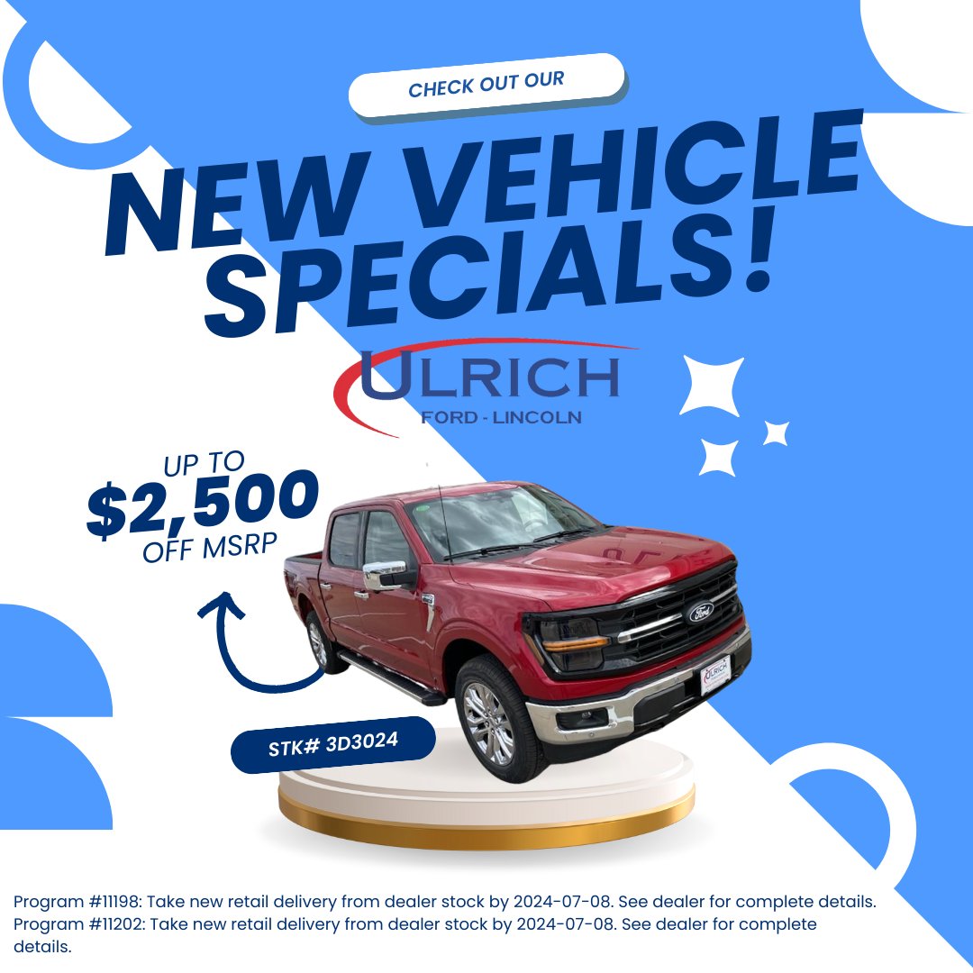 UlrichFord's tweet photo. 📢Explore discounts of up to $6,409 off MSRP on our website's new vehicle specials section!🎉 Click here to start saving now! https://t.co/rhsPstVNxK

#SpecialDeals #NewCars #Savings #ford #lincoln https://t.co/OMFD0LRLnJ