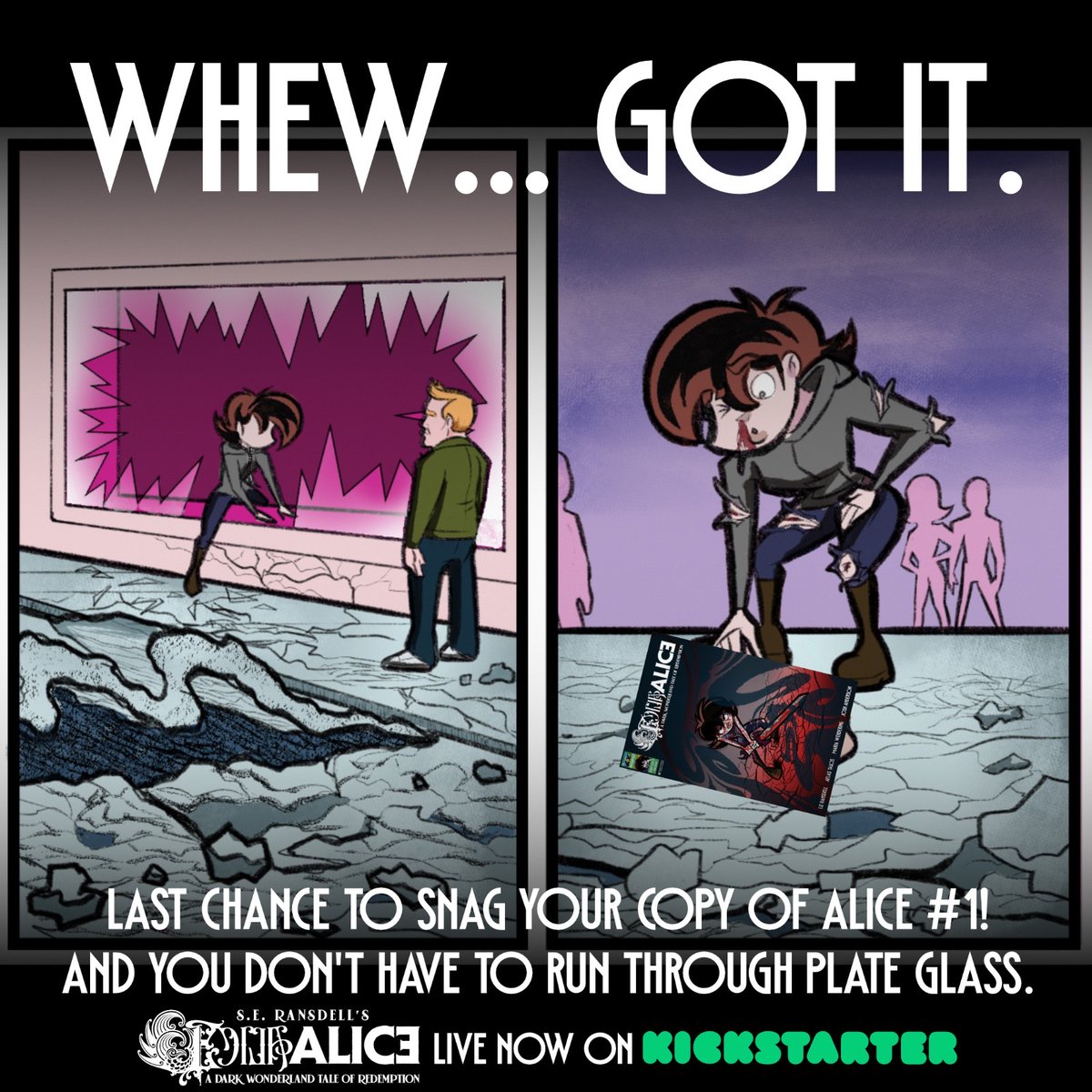 MBFIAS's tweet photo. We're gettin' down to the wire! The #Kickstarter closes on Wednesday morning and there are only 4 physical signed copies of ALICE left! Place your order before time runs out! We promise you won't have to run through glass for it. #comics #Art #design

https://t.co/7MpjzX0zXy https://t.co/PEFa7dDwxk
