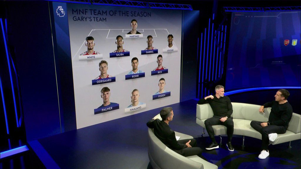 Gary Neville’s Team of the Season on MNF ⤵️ • Ben White • William Saliba • Gabriel • Martin Ødegaard • Declan Rice