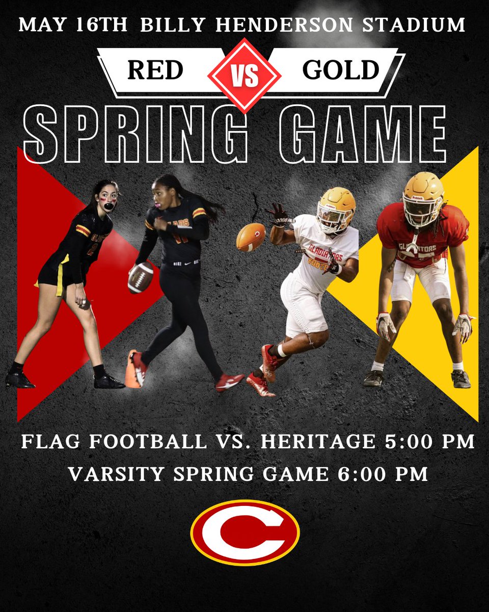 🔴🟡 Spring Game Information 🔴🟡 Our flag football team will host Heritage on Thursday, May 16 at 5:00 pm in Billy Henderson Stadium. Our Spring Football Game will follow at 6:00 pm. Admission is free to both games!