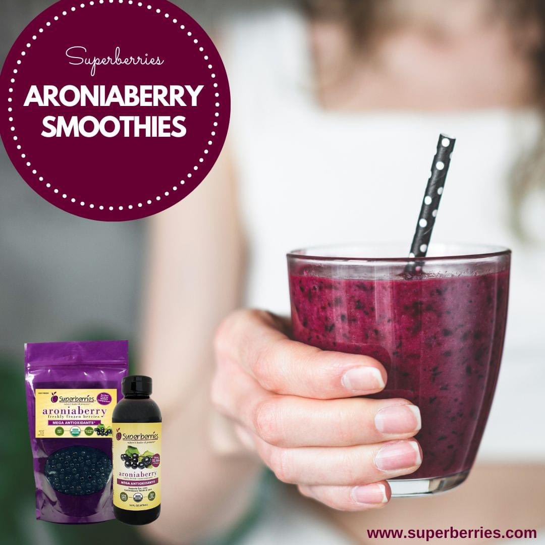 End your day the berry best way with a Superberries Aroniaberry Smoothie.  For top antioxidants add Superberries Frozen Aroniaberries or Aroniaberry Concentrate. Get our recipes on superberries.com or from our blog.  #Superberries #Aroniaberries #Smoothies #topantioxidants