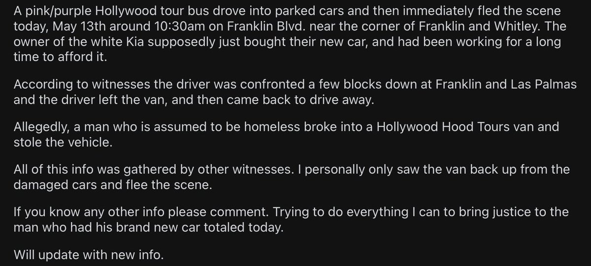 Apparently one of our unhoused friends took a Hollywood tour bus for a joyride and totaled a couple cars on Franklin this morning.