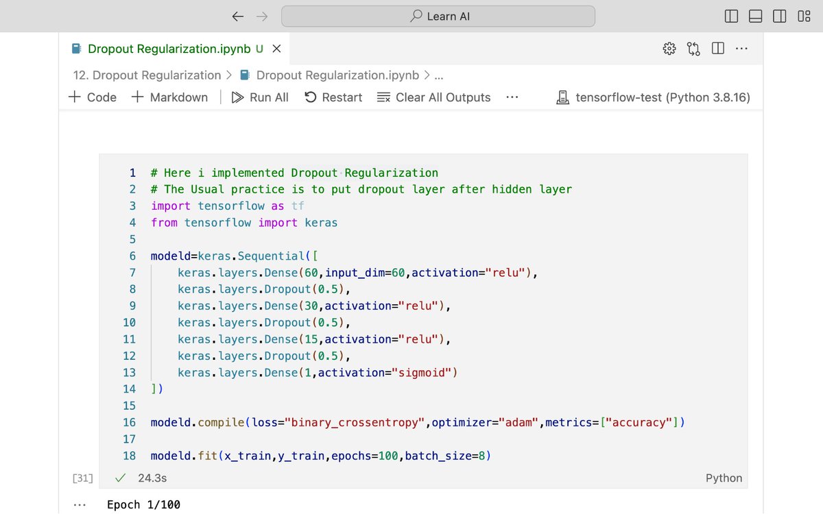 Virtualfield4x's tweet image. Day 18 of #100DaysOfCode: 🌟 

Today&apos;s lesson: Dropout Regularization! 🛡️

🔀 Explored how this technique helps prevent overfitting in neural networks by randomly &apos;dropping out&apos; neurons during training. 

#DropoutRegularization #NeuralNetworks #MachineLearning #DataScience #AI