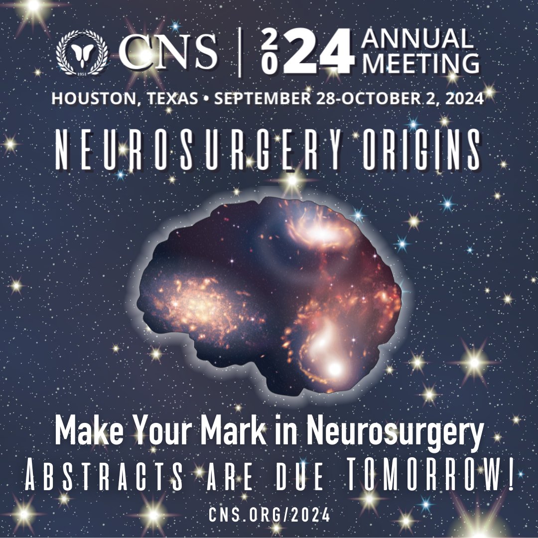 Abstracts for #2024CNS are due TOMORROW, May 14! Don't wait—contribute to the best of neurosurgical scientific education. Last year we had record breaking submissions—come be a part of the action in Houston: cns.org/2024 #abstracts #Houston @CNSResidents