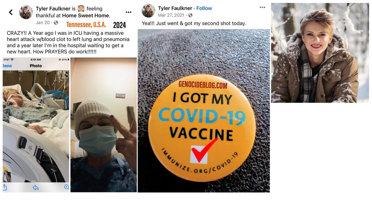 Jackson, TN - Tyler Faulkner got her COVID-19 Vaccines Mar.2021: 'Yea!!! Just went & got my second shot today' Jan.2024: ' massive heart attack...blood clot to left lung...waiting to get a new heart' COVID-19 mRNA Vaccine recipients are NOT doing well #DiedSuddenly #ableg