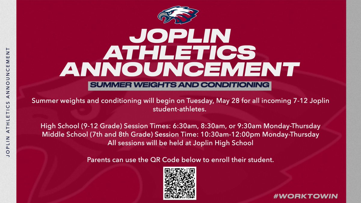 Summer Weights and Conditioning begins on Tuesday, May 28 for all incoming 7-12 grade student-athletes.  All student-athletes should attend.  Please remember that new this year, parents must enroll their student through PowerSchool. #goladyeagles #goeagles #worktowin