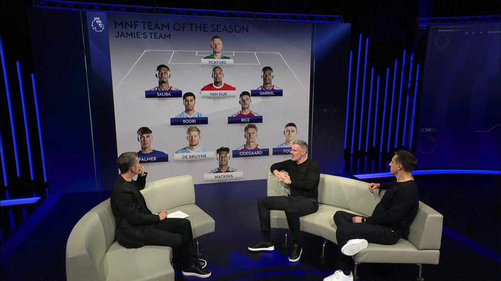 Jamie Carragher’s Team of the Season on MNF ⤵️ • William Saliba • Gabriel • Declan Rice • Martin Ødegaard