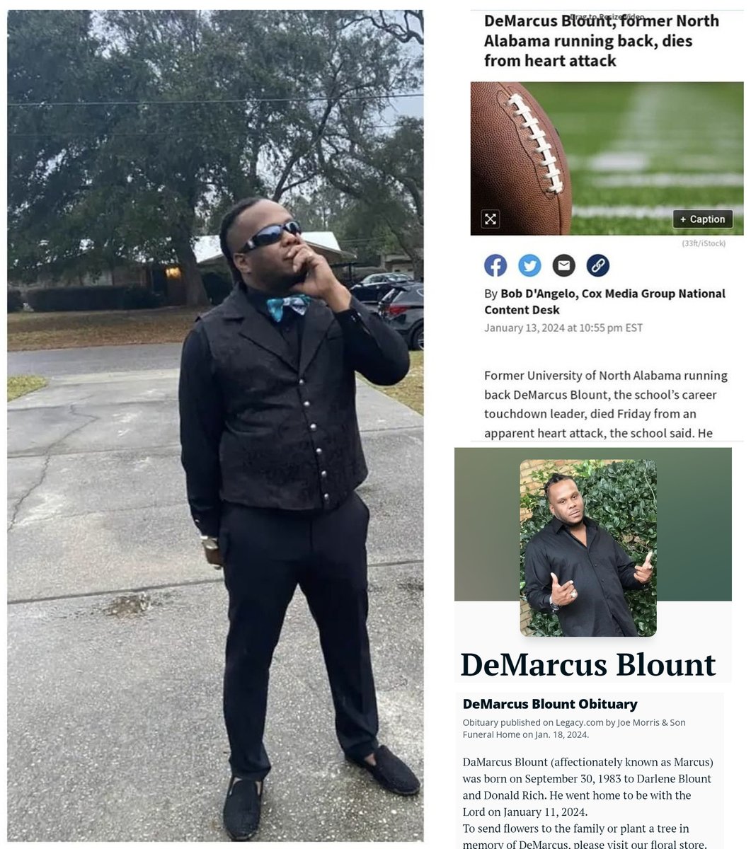 FOOTBALL PLAYER - Former University of North Alabama running back, 40 year old Demarcus Blount died suddenly on Jan.11, 2024 from a cardiac arrest 40 years old COVID-19 mRNA Vaccine sudden deaths are at an all time high #DiedSuddenly