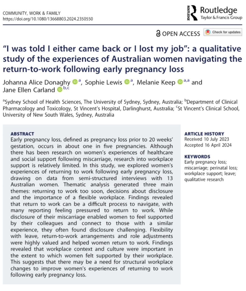 More work showing the importance of workplace acknowledgement of early pregnancy loss &amp; structured support systems 👉 doi.org/10.1080/136688…