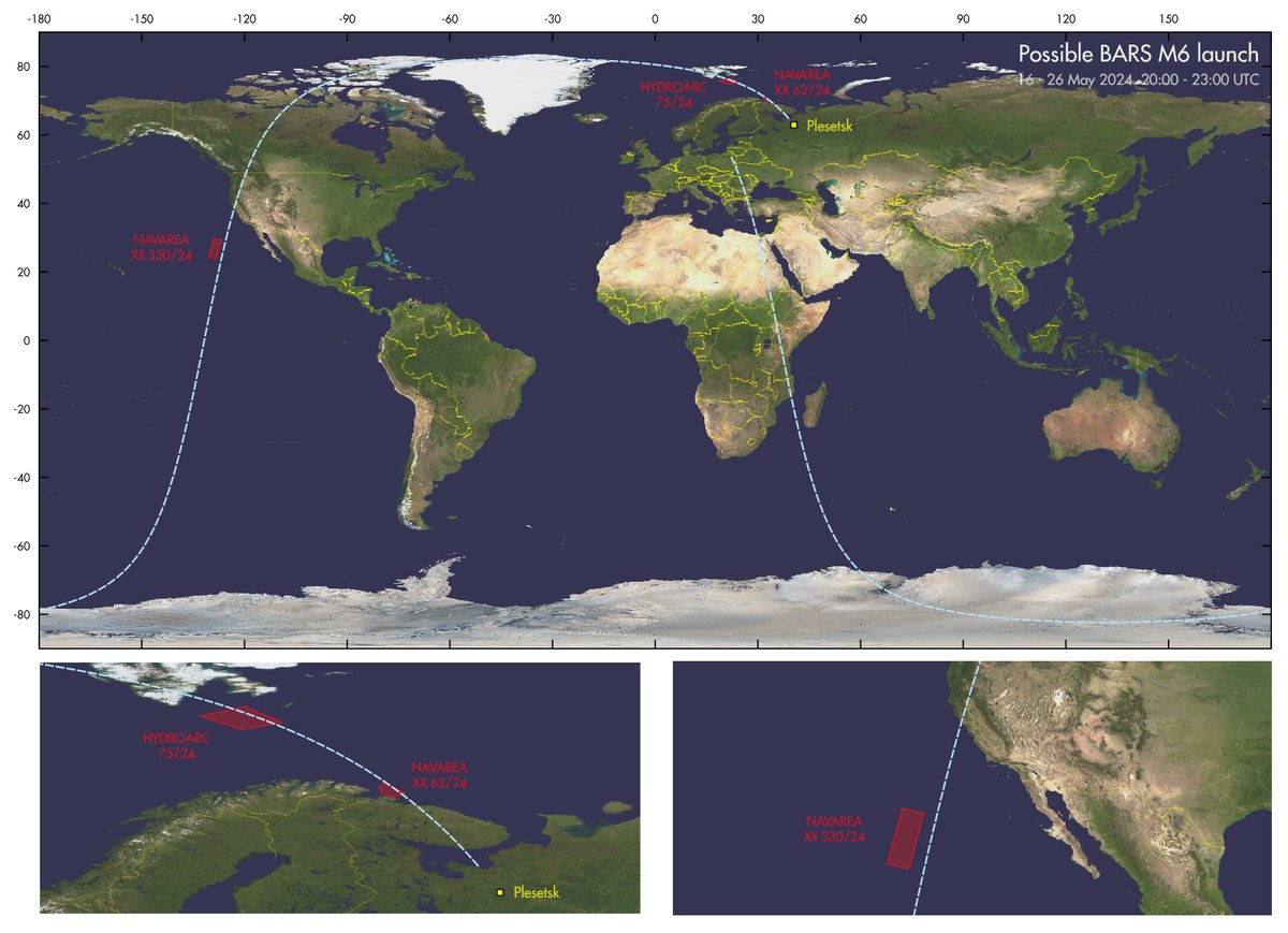 Navigational Warnings have appeared that point to a #Russian launch from #Plesetsk into a sunsynchronous orbit (i.e. a reconnaissance satellite), perhaps BARS M6, in the period May 16 -26.