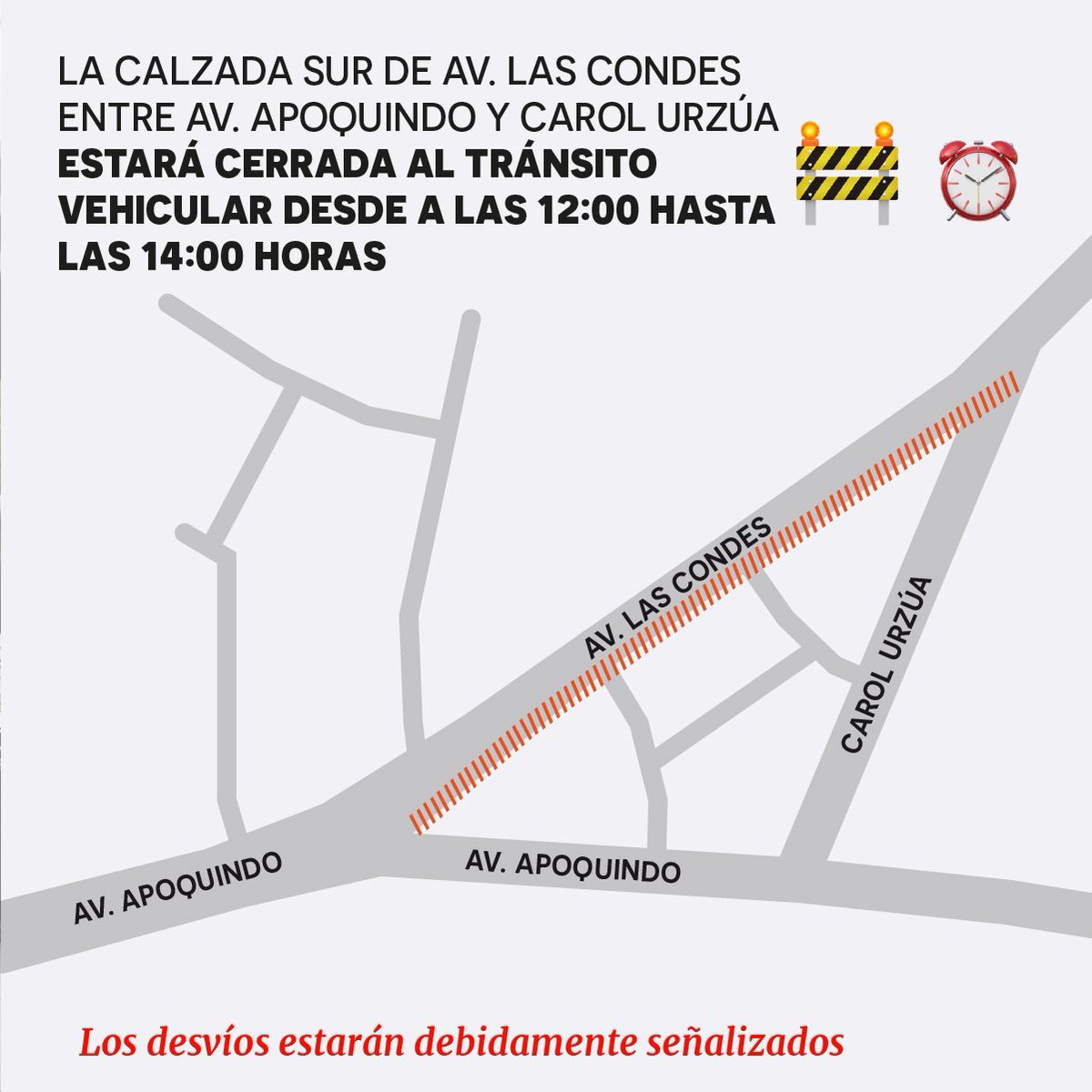 ¡Atención Vecinos ⚠️!

Con motivo del desfile en honor a las Glorias Navales, este miércoles 15 de mayo habrá desvío de tránsito vehicular en Av. Las Condes, entre Av. Apoquindo y Carol Urzúa, desde las 12:00 hasta las 14:00 hrs

⭕Las alternativas estarán debidamente señalizadas