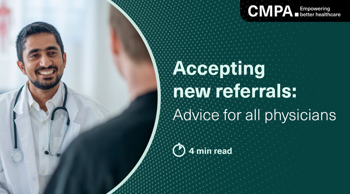 Accepting new referrals? Check out CMPA’s helpful article addressing such factors as: ➡️ Urgency and clinical need ➡️ Wait lists ➡️Scope of practice and clinical competence 🔗 Read the article: ow.ly/o2ql50QQu5K