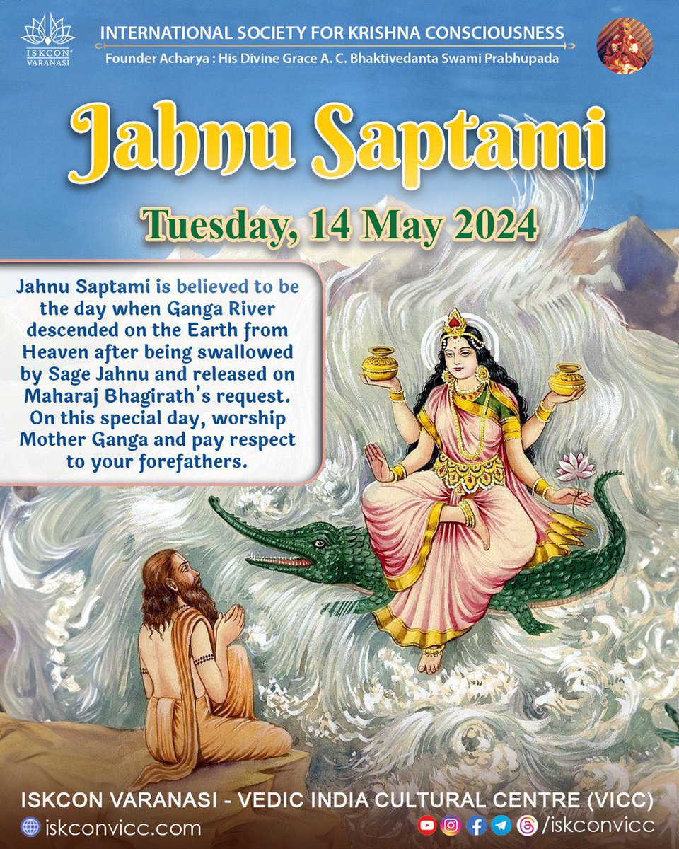 🪷 Jahnu Saptami 🪷🦚✨❤️
✨
The day when the sage Jahnu released the River Ganges after swallowing her. On this day, if possible, one should worship the Ganges and bathe in her waters.

#iskcontemple #iskcon #sankirtan  #iskconvicc #radhakrishna #harekrishna #temple