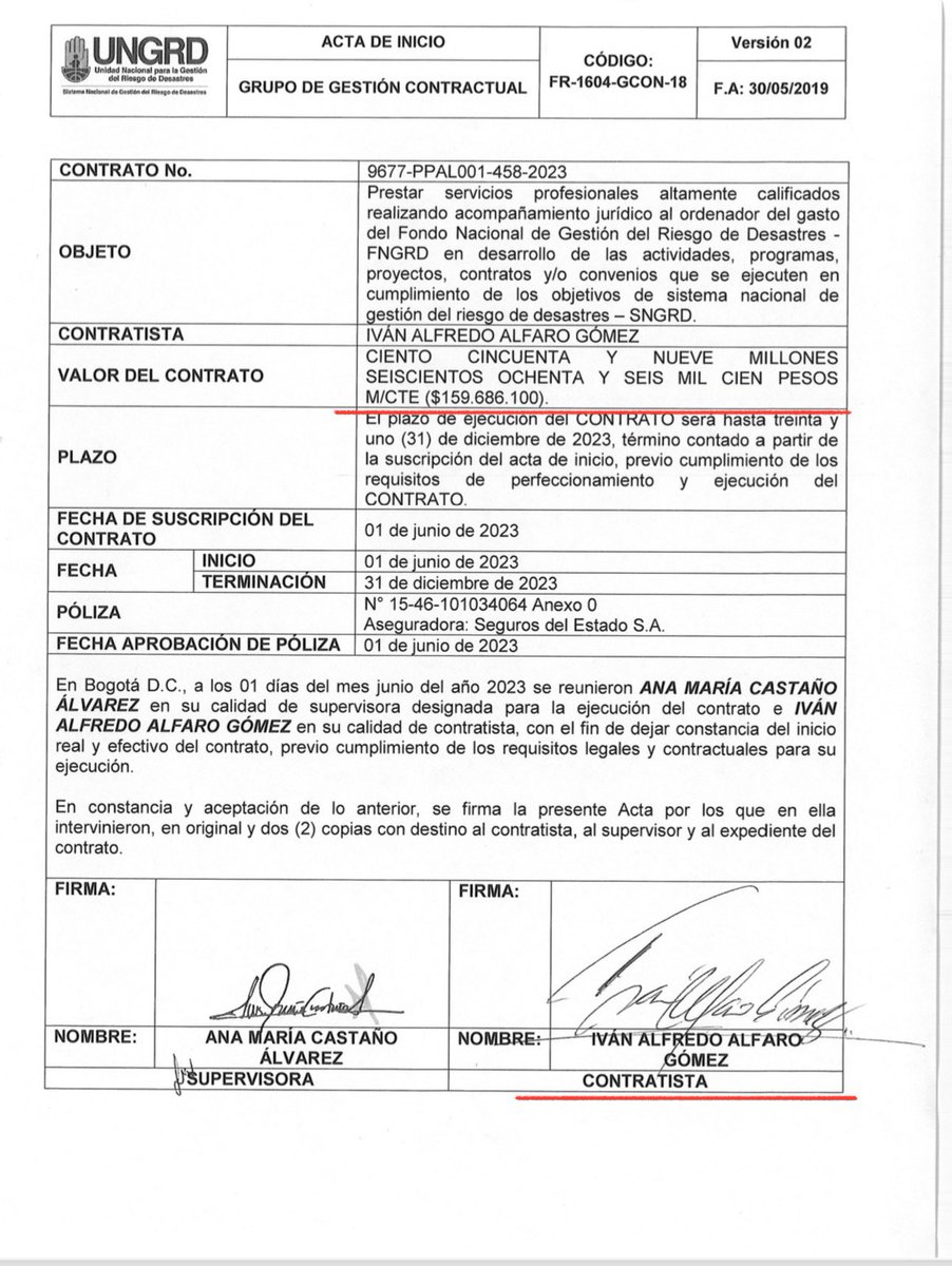 Además de lo ya denunciado el señor Iván Gómez Alfaro abogado de Laura Ojeda pareja de Nicolás Petro también recibió estos dos contratos que suman $443.858.000 en la UNGRD de Olmedo López y Gustavo Petro.