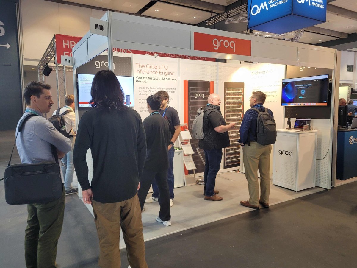 GroqInc's tweet image. Our booth was hopping today at #ISC24. Be sure to stop by tomorrow to experience the LPU™ Inference Engine by Groq - a hardware and software platform that delivers exceptional compute speed, quality, and energy efficiency.