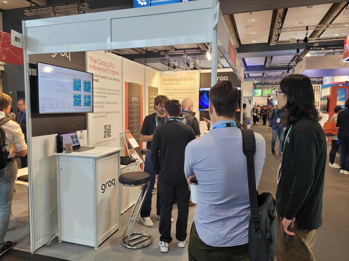 GroqInc's tweet image. Our booth was hopping today at #ISC24. Be sure to stop by tomorrow to experience the LPU™ Inference Engine by Groq - a hardware and software platform that delivers exceptional compute speed, quality, and energy efficiency.