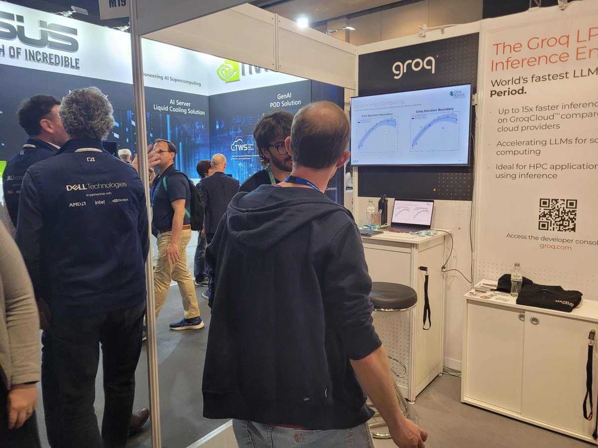 GroqInc's tweet image. Our booth was hopping today at #ISC24. Be sure to stop by tomorrow to experience the LPU™ Inference Engine by Groq - a hardware and software platform that delivers exceptional compute speed, quality, and energy efficiency.
