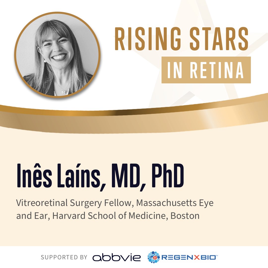 Inês Laíns, MD, PhD, is a Rising Star in Retina! She is doing her fellowship at Mass Eye & Ear, where she is staying as a clinician-scientist, with a focus on the metabolomics and genetics of AMD. Find out more in RT’s ⭐️Rising Stars in Retina⭐️ article. bit.ly/4dxWHdv