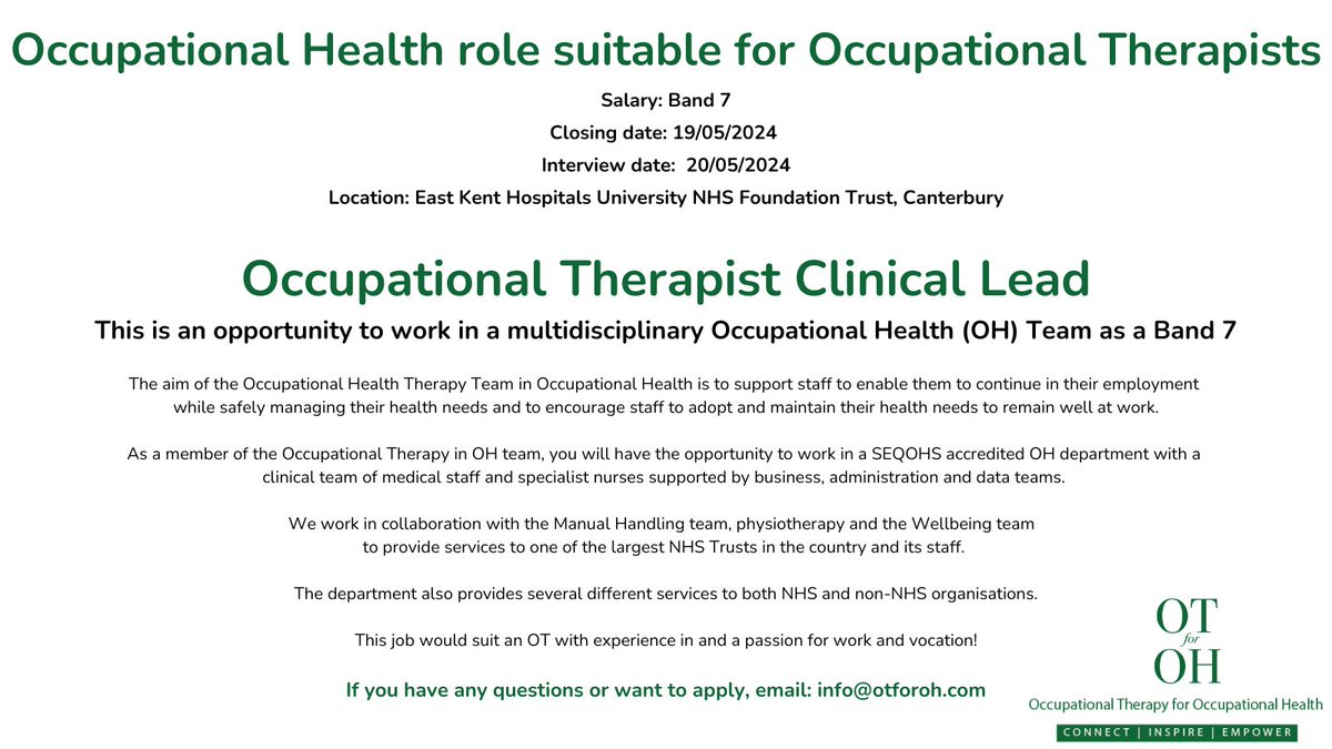 This is an opportunity for an Occupational Therapist to work in a multidisciplinary Occupational Health Team.  
To apply, email: info@otforoh.com
#OTCareers #OccupationalTherapist #OTJobs