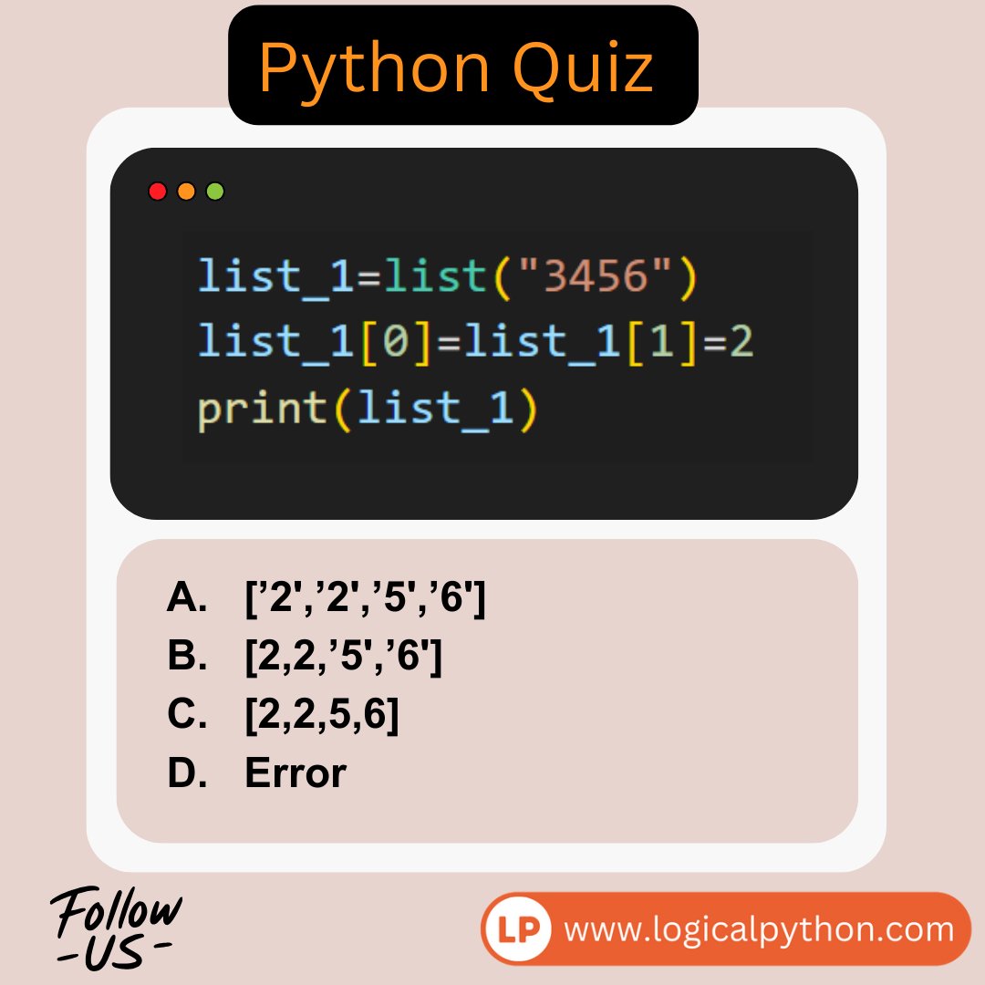 👉Python Challenge!!!
Comment your answer below👇

#python #programming #developer #morioh #programmer #coding #coder #softwaredeveloper #computerscience #webdev #webdeveloper #webdevelopment #pythonprogramming #pythonquiz #ai #ml #machinelearning #datascience