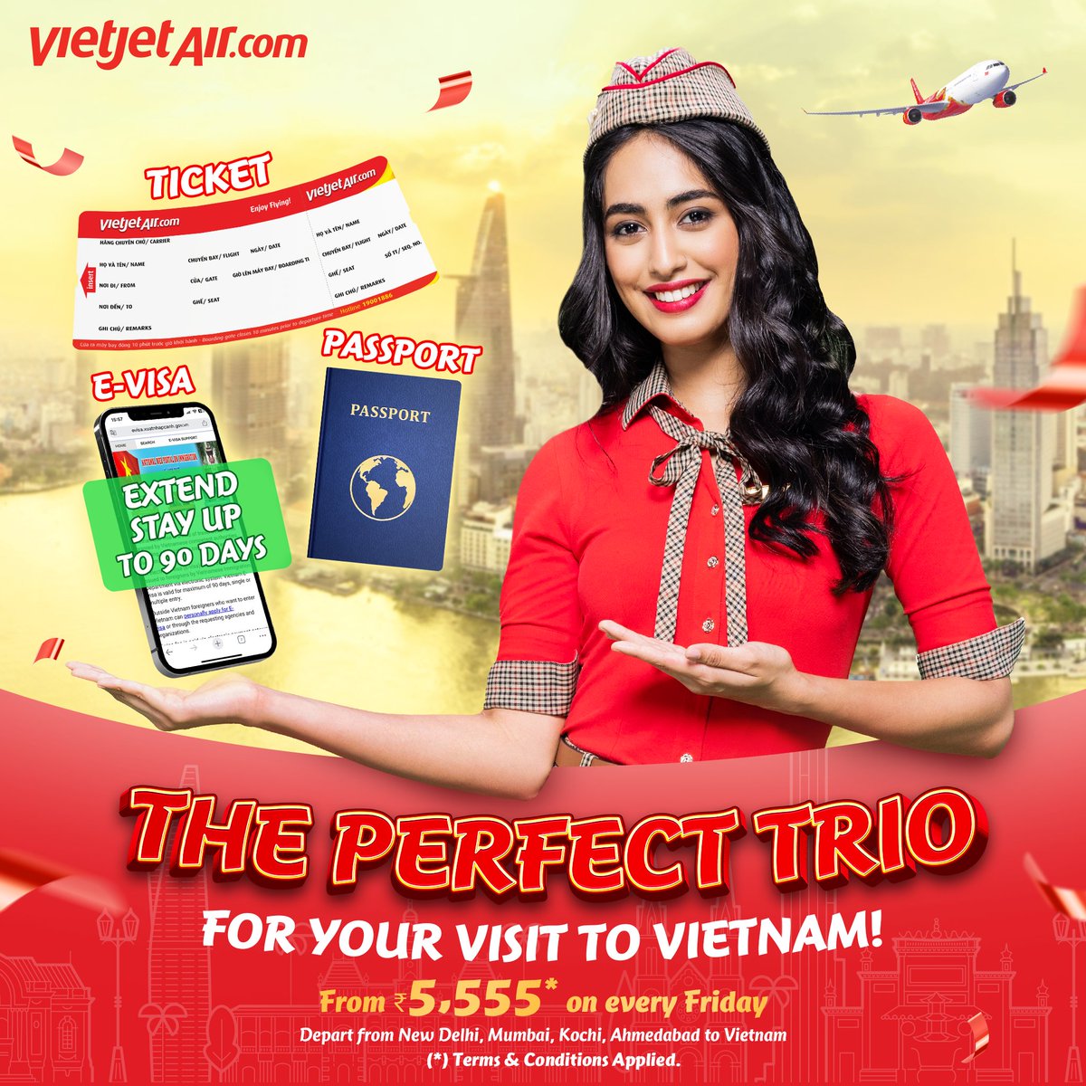The perfect trio for your visit to Vietnam! 1️⃣ Passport: Ensure it's valid for another 6 months 2️⃣ Vietjet ticket: Smooth journey, great service, reasonable prices 3️⃣ E-visa: Hassle-free 90 days 👍Visit bit.ly/TW_YourRealDea… at ₹5,555* on Friday (*) T&C apply #Vietjet