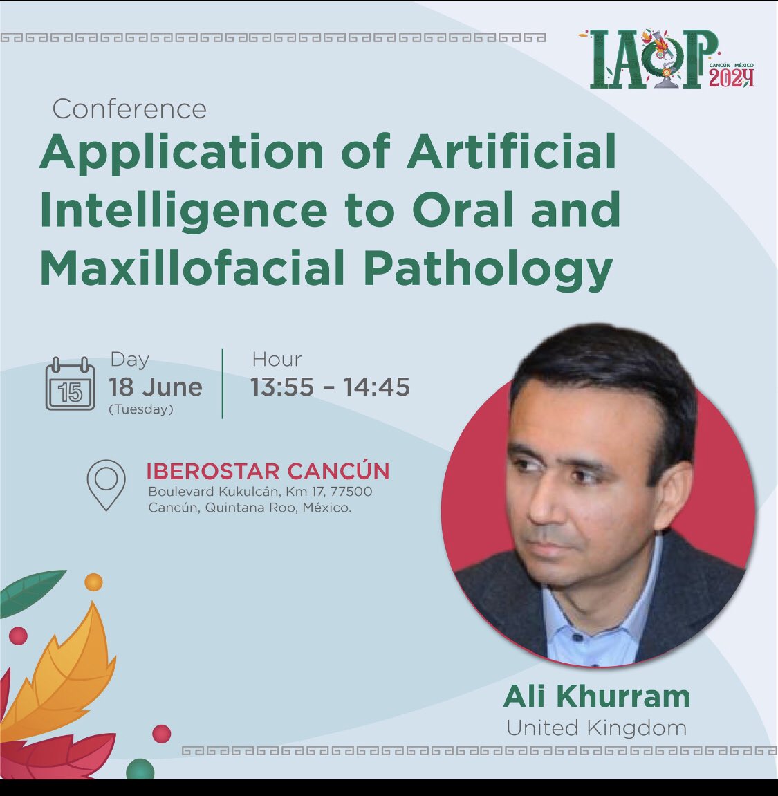 Do not miss!
#IAOP2024 welcomes Dr. Ali Khurram, a distinguished professor from the University of Sheffield, UK.

He will deliver a presentation titled 'Application of Artificial Intelligence to Oral and Maxillofacial Pathology' 

#oralpath #ENTPath #digitalPath #AI