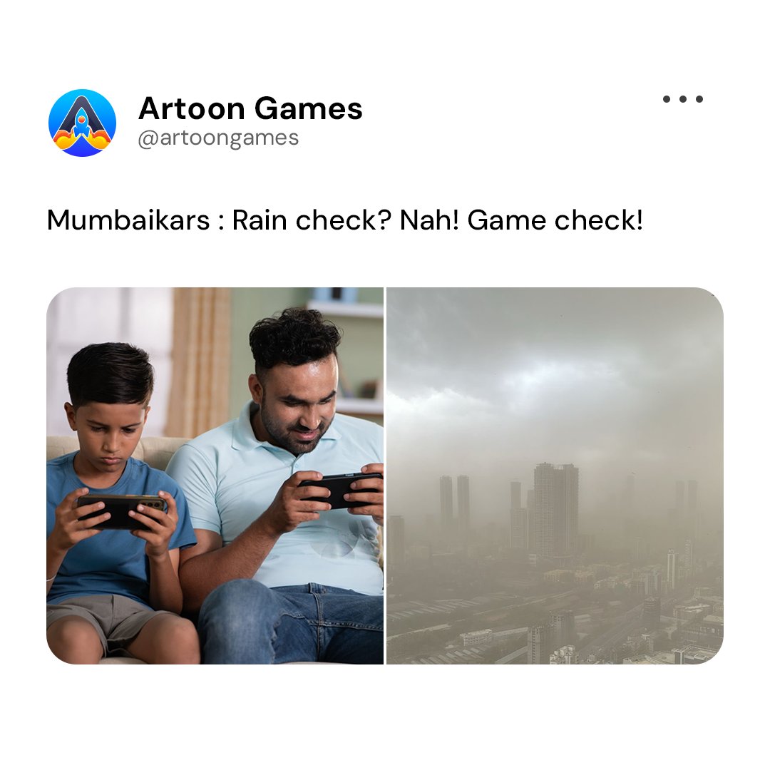 artoongames's tweet photo. Rain check? Nah! Game check!🎮

#MumbaiNews #MumbaiStorm #Mumbairains #Mumbai #momentmarketing https://t.co/1boBRiKx26