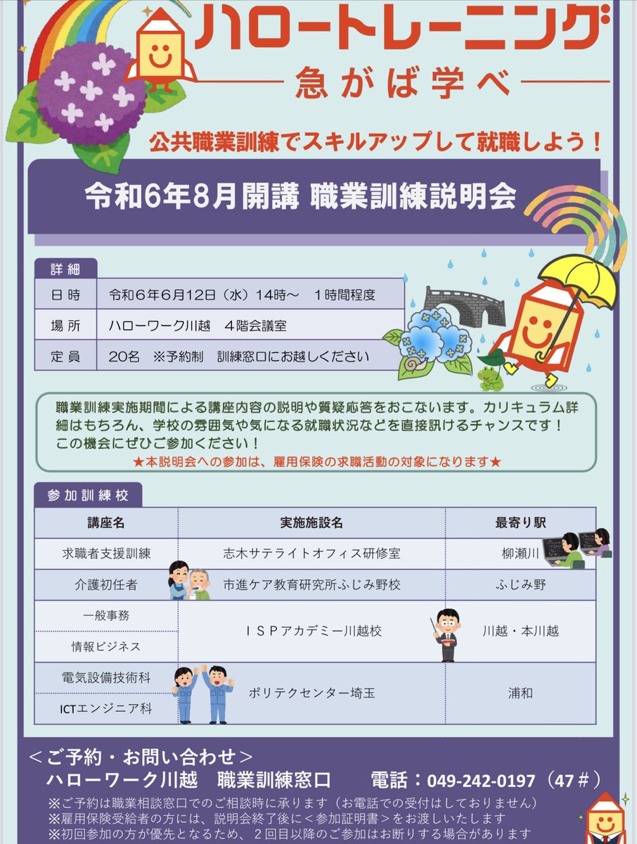 ハローワーク川越ではR6年6月12日（水）に「求職者向け職業訓練説明会」を開催します。職業訓練施設担当者より詳しい説明を聞けるチャンスです。事前予約制ですので、参加希望の場合はハローワーク川越へお申込みください。 jsite.mhlw.go.jp/saitama-hellow…