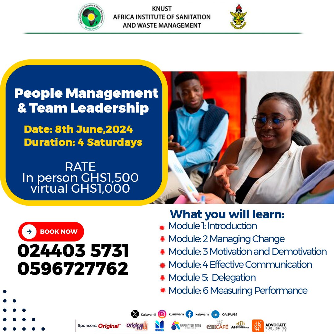 Elevate Your Leadership Skills! Join our People Management and Team Leadership Training 

Start Date: June 8, 2024
Duration: 4 Saturdays
How to Register:

Call us at 0244035731, 0249308534, or 0596727762
Secure your spot forms.gle/Ugh8HFXzrZsZJS…
#LeadershipTraining #TeamSuccess